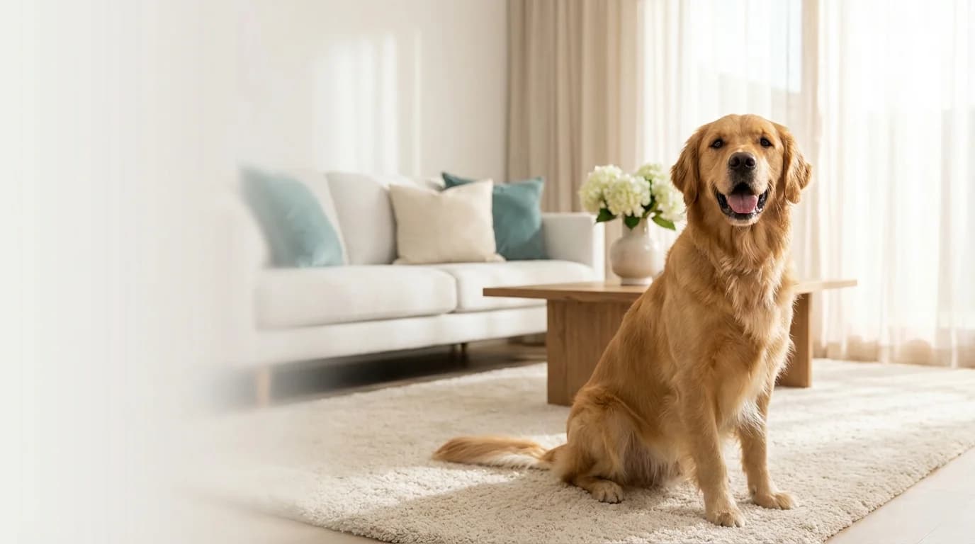 Discount Pet Medication - Happy golden retriever in a bright modern home