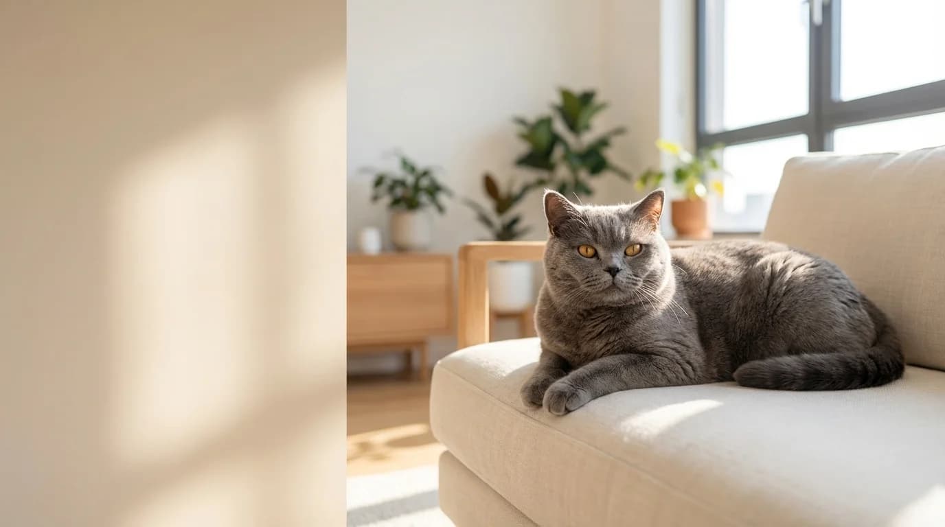 Quality Cat Care - British Shorthair on a cream sofa