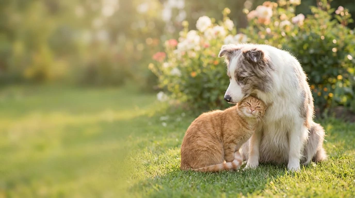 Happy Pets Together - Border Collie and ginger cat in a sunny garden